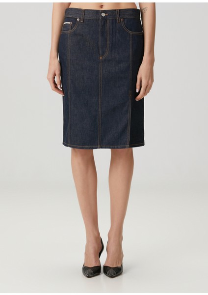 Lacivert Midi Denim Etek