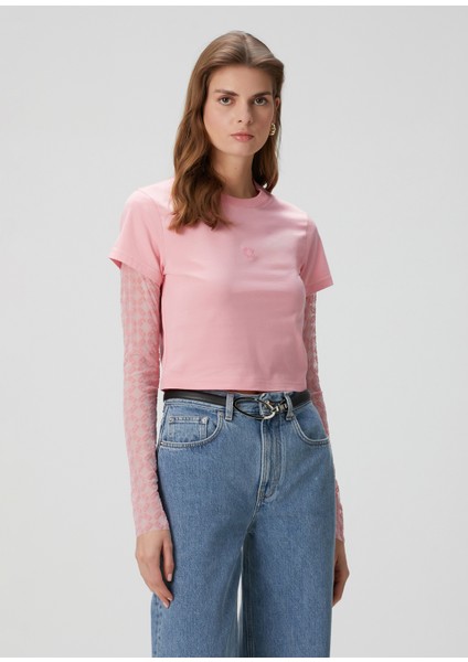 Açık Pembe Logo Baskılı Crop T-Shirt