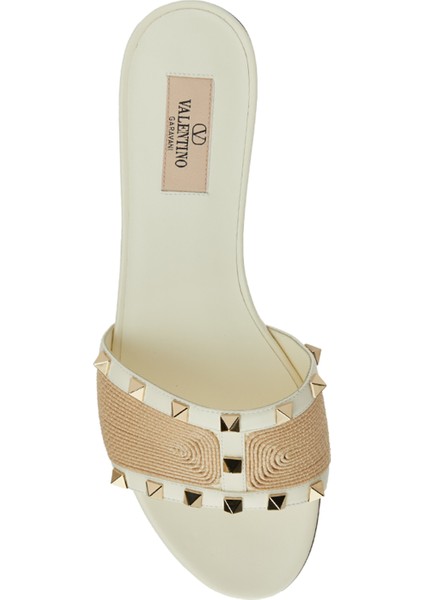 Rockstud Ekru Kadın Deri Terlik
