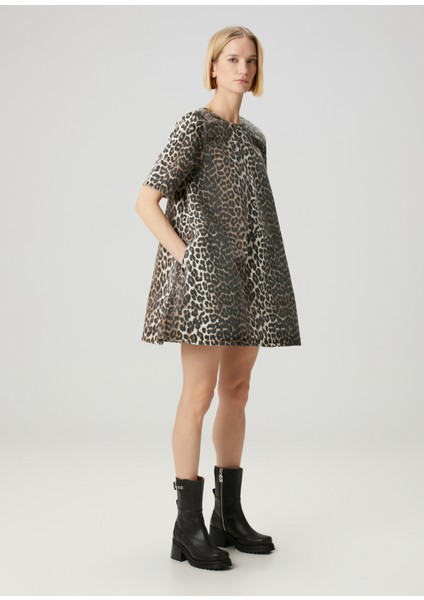 Leopar Desenli Mini Denim Elbise
