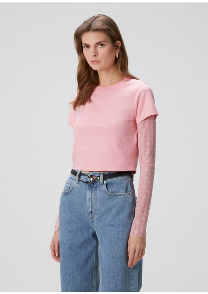 Açık Pembe Logo Baskılı Crop T-Shirt modelleri