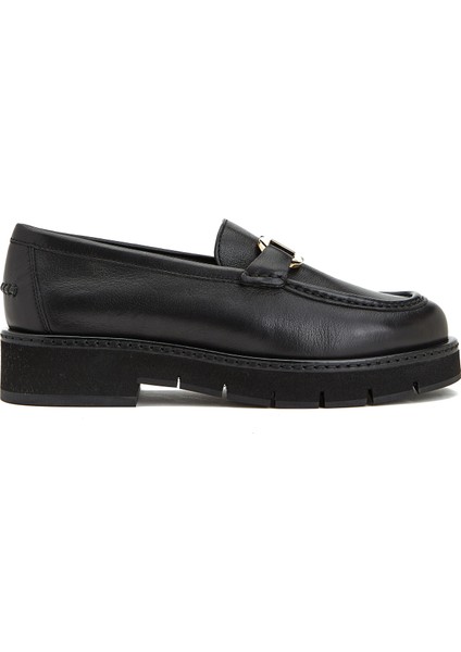 Siyah Logo Tokalı Kadın Deri Loafer