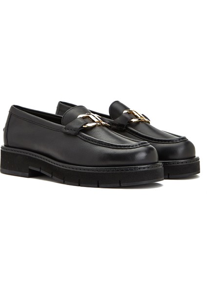 Siyah Logo Tokalı Kadın Deri Loafer fiyatları