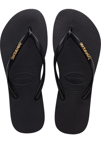 Slim Logo Metallic Siyah Kadın Plaj Terliği