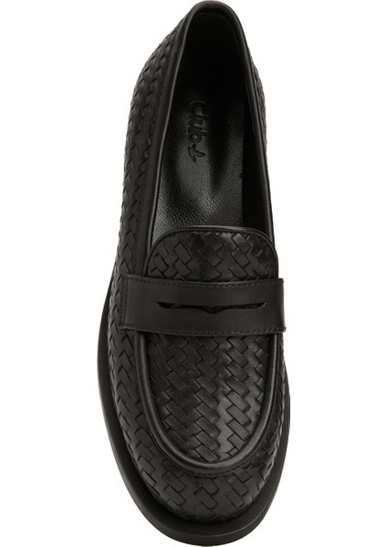 Siyah Örgü Dokulu Kadın Deri Loafer