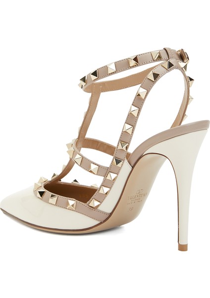 Rockstud Ekru Deri Topuklu Ayakkabı