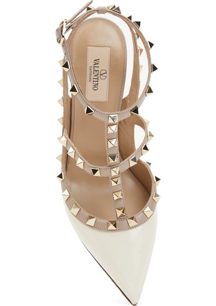 Rockstud Ekru Deri Topuklu Ayakkabı