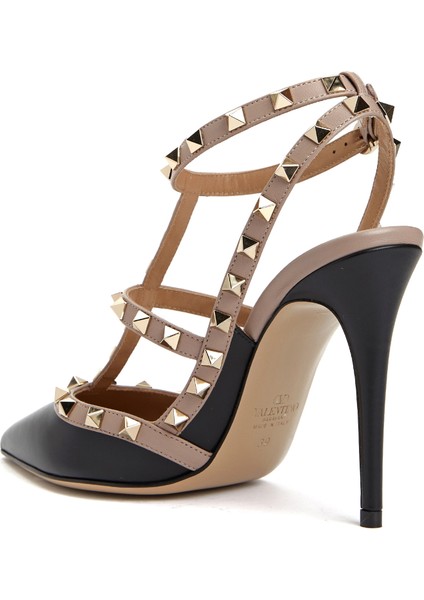 Rockstud Siyah Deri Topuklu Ayakkabı