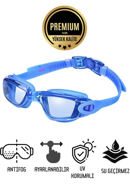 Mavi Unisex Yüzücü Gözlüğü Silikon Standart Beden Su Geçirmez