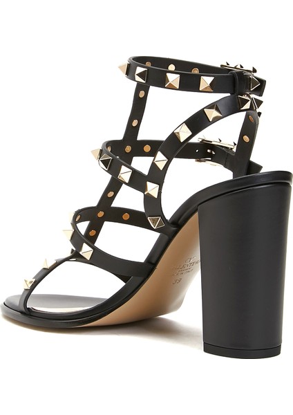 Rockstud Siyah Kadın Deri Sandalet