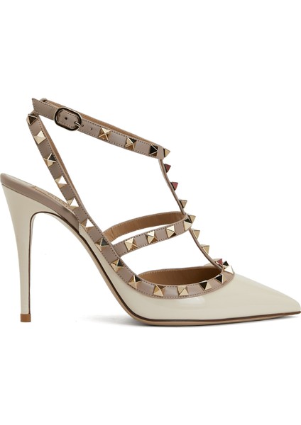 Rockstud Ekru Deri Topuklu Ayakkabı