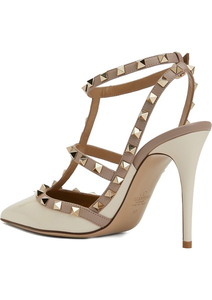 Rockstud Ekru Deri Topuklu Ayakkabı