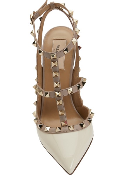 Rockstud Ekru Deri Topuklu Ayakkabı