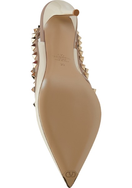 Rockstud Ekru Deri Topuklu Ayakkabı