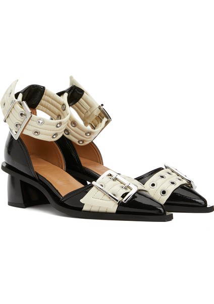 Feminine Buckle Siyah Krem Topuklu Ayakkabı