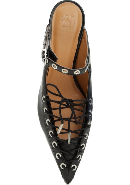 Eyelets Siyah Kadın Deri Terlik