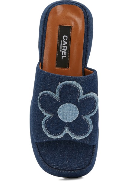 Flower Mavi Kadın Deri Terlik