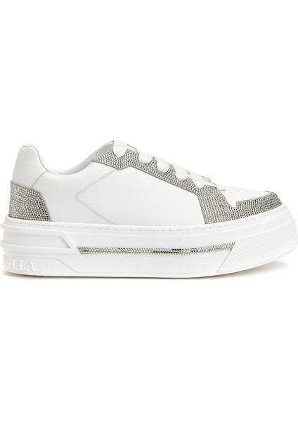 Beyaz Silver Kristal Taşlı Kadın Deri Sneaker