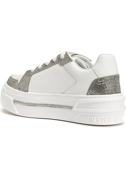 Beyaz Silver Kristal Taşlı Kadın Deri Sneaker modelleri