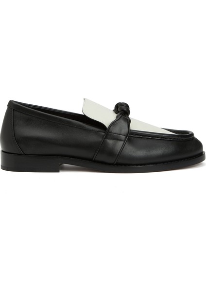 Siyah Beyaz Kadın Deri Loafer
