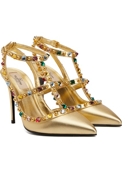 Rockstud Gold Deri Topuklu Ayakkabı