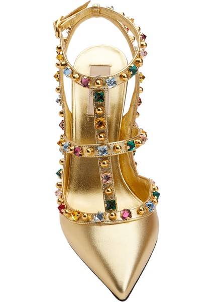 Rockstud Gold Deri Topuklu Ayakkabı