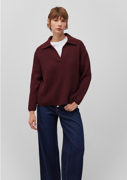 Yün Karışımlı Polo Yaka Bordo Kazak 1710588-70434