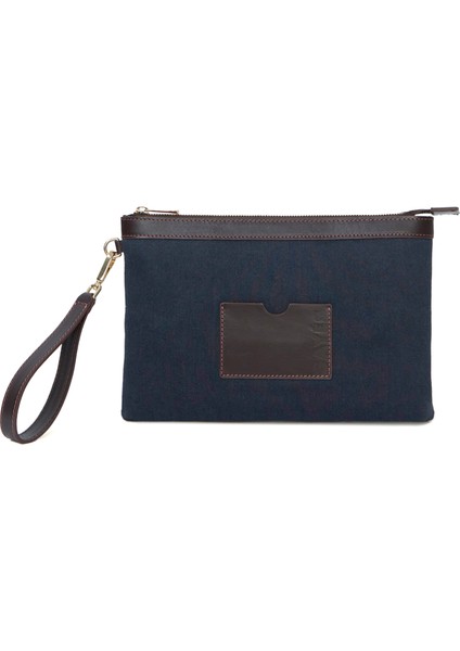 Stitched Lacivert Denim Kahverengi Clutch Kadın El Portföyü