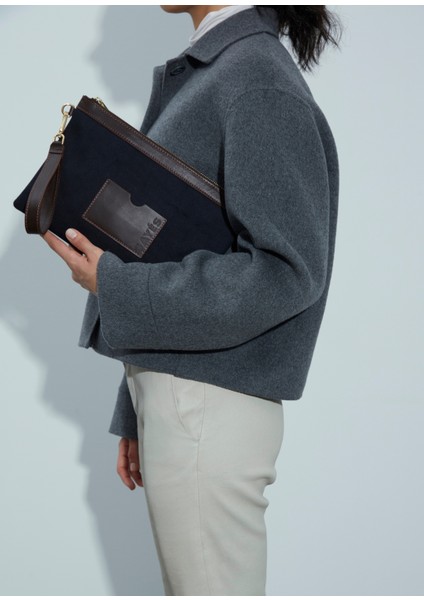 Stitched Lacivert Denim Kahverengi Clutch Kadın El Portföyü modelleri
