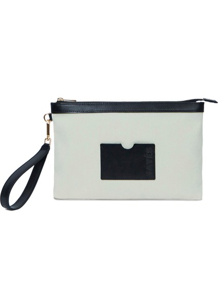 Stitched Siyah Beyaz Clutch Kadın El Portföyü