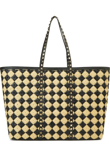 Rockstud Bej Siyah Kadın Plaj Çantası