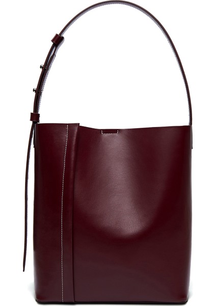Large Tote Plissé Bordo Deri Kadın Omuz Çantası