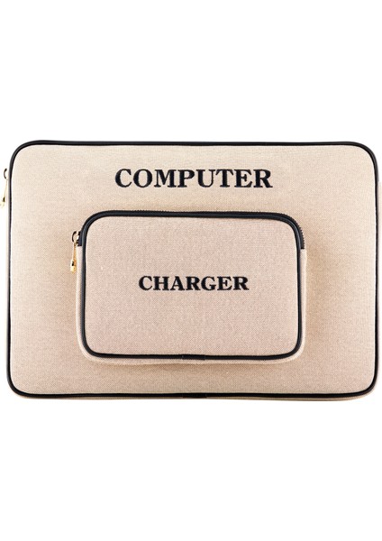 Silicon Krem Siyah Kanvas Laptop Çantası