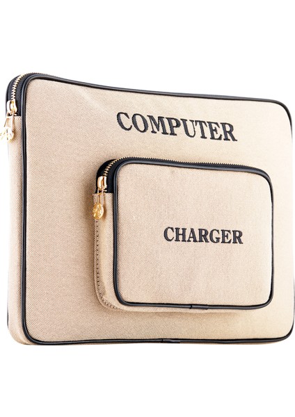 Silicon Krem Siyah Kanvas Laptop Çantası