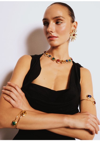 Ares Azurite Amazonite Kadın Altın Cuff Bileklik