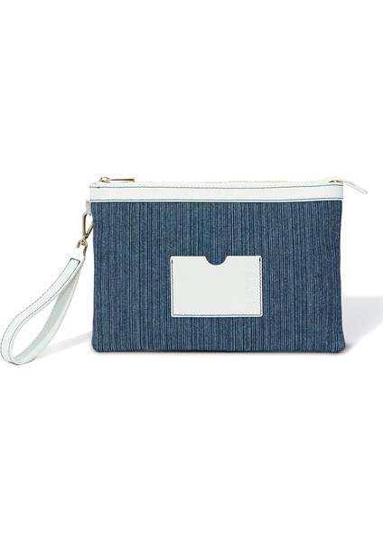 Stitched Lacivert Çizgili Kırık Beyaz Kanvas Kadın Clutch Çanta