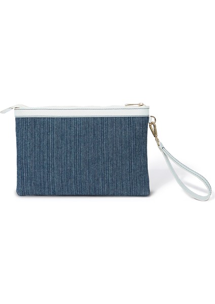 Stitched Lacivert Çizgili Kırık Beyaz Kanvas Kadın Clutch Çanta fiyatları