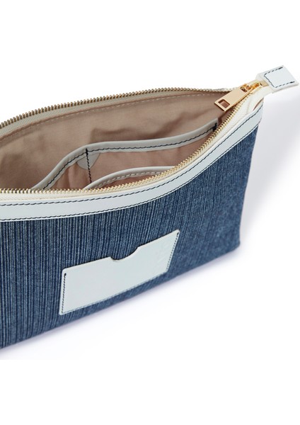 Stitched Lacivert Çizgili Kırık Beyaz Kanvas Kadın Clutch Çanta modelleri