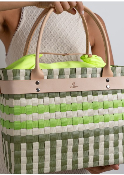 Phellos Basket Bag Yeşil Büyük Boy El Yapımı Kadın El Çantası