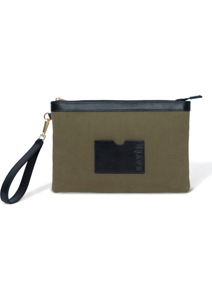 Stitched Haki Siyah Kanvas Kadın Clutch Çanta