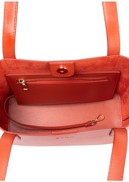 Turuncu Deri Kadın Mini Tote El Çantası