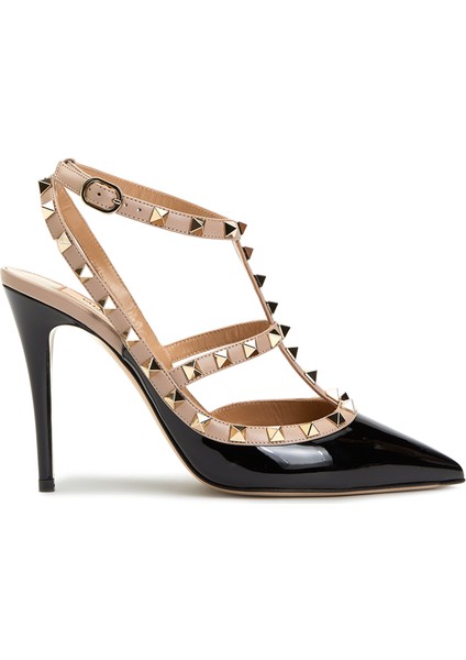 Rockstud Siyah Pudra Rugan Topuklu Ayakkabı