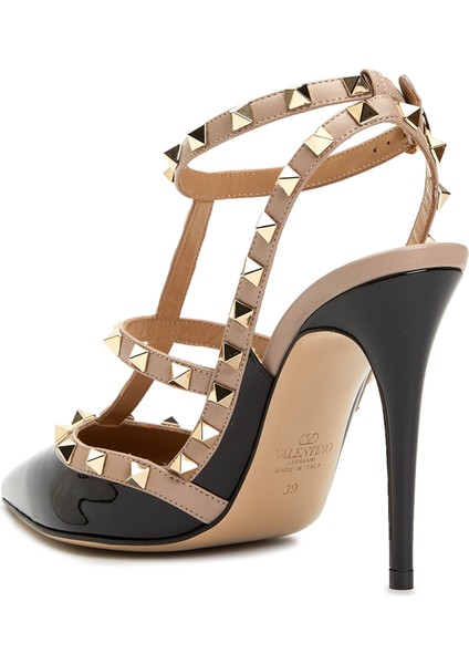 Rockstud Siyah Pudra Rugan Topuklu Ayakkabı