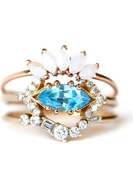 Diamond Aquamarine Opal 8 Ayar Altın Yüzük