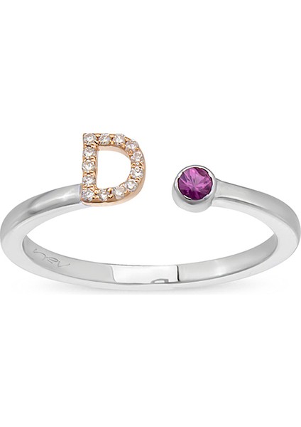 Pırlanta Taşlı D Harf Purple Safir 14 Ayar Beyaz Kadın Altın Yüzük
