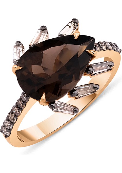 Damla Smoky Topaz Pırlanta Taşlı 18 Ayar Altın Kadın Yüzük