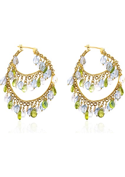 Sallantılı Peridot ve Aquamarine 14 Ayar Yeşil Kadın Altın Küpe
