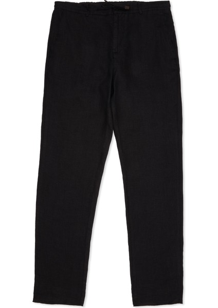 Siyah Beli Kordonlu Keten Pantolon