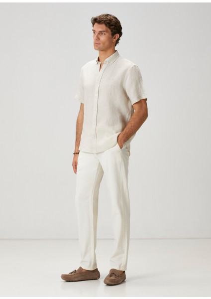 Comfort Fit Taş Kısa Kollu Keten Gömlek
