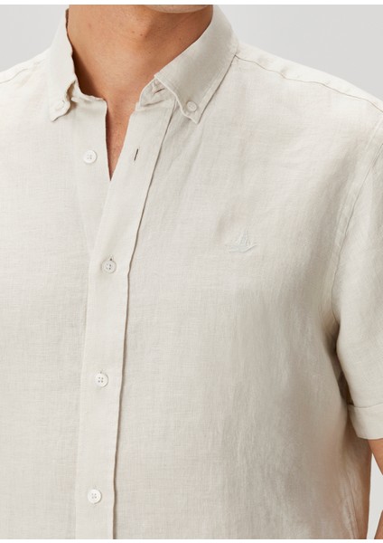 Comfort Fit Taş Kısa Kollu Keten Gömlek